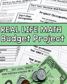 a pile of money with the words real life math budget project on it and an image of