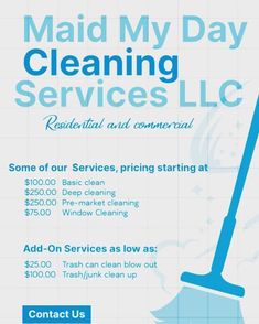 a flyer for maid my day cleaning services, including a mop and duster