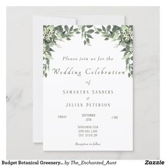 an elegant wedding card with greenery on it