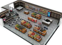 an overhead view of a grocery store with many food items on the counter and in the center