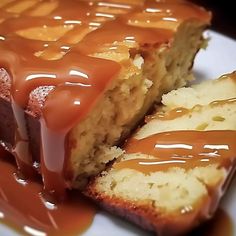 a piece of cake with caramel drizzled on it