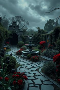 a garden with flowers and a fountain in the middle is lit up at night time