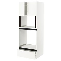 a white and black shelf unit with two shelves on each side, in front of a white background