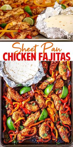 sheet pan chicken fajitas with peppers and limes in foil wrappers on the side