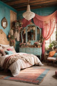 a bed room with a neatly made bed next to a dresser and mirror on the wall