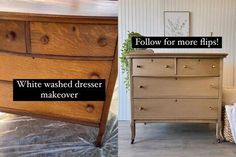 a dresser that has been turned into a chest of drawers with the words, follow for more flips white washed dresser makeover