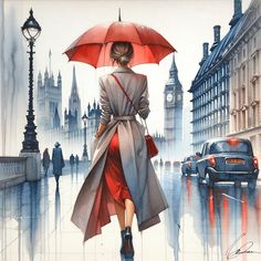 a painting of a woman walking down the street with an umbrella