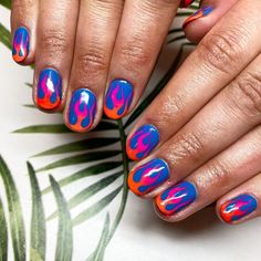 Flames Nail Art, Pink And Orange Ombre, Flame Nails, Flame Nail Art, Short Nail Manicure, Mens Nails, Magic Nails, Hippie Nails