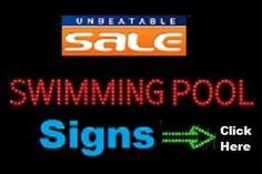 swimming pool signs are displayed in front of a black background with red and blue lettering