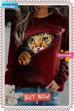 3d Zipper Cat Digital Print Round Neck Cat Sweater, Pullover Shirt, Streetwear Women, Casual Tee, Cat Print, Pullover Sweatshirts, Printed Sweatshirts, Long Sleeve Pullover, Casual Outfit