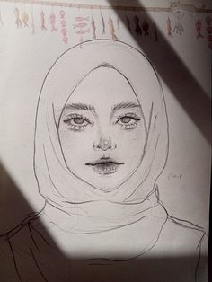 a drawing of a woman's face with a headscarf