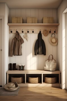 a wooden bench sitting next to a coat rack filled with hats and coats on top of it