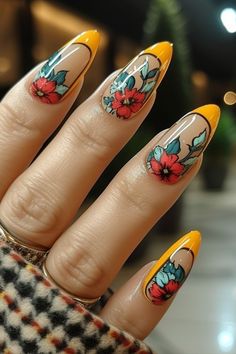 Summer Floral Nails Designs, Nail Art Painting Design, Bridal Manicure, Nails Collection, Orange Nail Designs, Orange Nail, Nails Sparkle, Flora Design