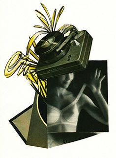 a painting of a woman holding a camera with her hands and wearing a hat on top of it