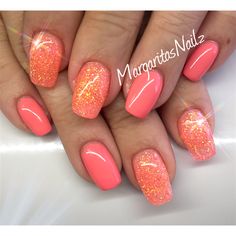 Coral Nails Glitter, Coral Summer Nails, Bright Coral Nails, Summer Holiday Nails, Opal Nails, Nails Yellow