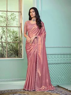 Pink Sequin Party Wear Saree with Embroidered Georgette - VJV Now Shimmer Saree, Peach Color Saree, Simple Saree Designs, Fancy Sarees Party Wear, Simple Sarees, Saree Designs Party Wear, Party Wear Saree, Ghagra Choli, Sequin Embroidery