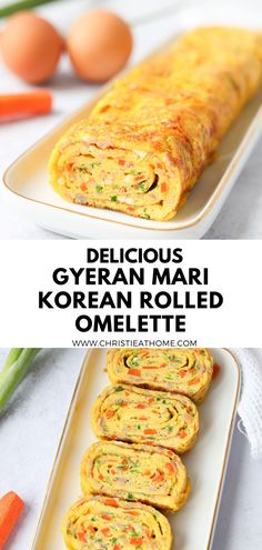 Gyeran Mari Korean Rolled Omelette Korean Egg Omelet, Omelette Lunch Ideas, Asian Omelette Recipes, Asian Egg Omelette, Japanese Egg Roll Omelettes, Green Onion Omelette, Korean Omelette Egg Rolls, Rolled Omlet Recipes, Korean Fried Egg