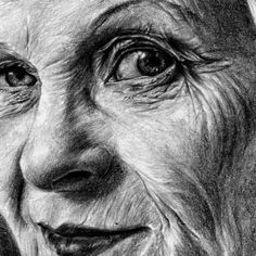 an old woman's face is shown in this black and white pencil drawing,