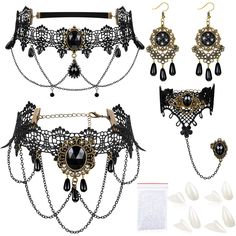 PRICES MAY VARY. Package includes: you will get 1 piece retro lace choker, 1 piece bracelet with the ring, 1 piece retro hairband, 1 pair of retro earrings and 4 pairs of vampire teeth fangs in 4 sizes (with teeth adhesive pellets), an idea Halloween party combination is nice to meet your needs for cosplay parties and decoration Quality material: the vampire costume accessories set is made of lace, beads, and alloy, soft and skin-friendly, giving you a comfortable wearing experience; The jewelry Gothic Choker Necklace, Victorian Vampire, Lace Choker Necklace, Gothic Chokers, Retro Bracelet, Costume Jewelry Sets, Lace Bracelet, Halloween Necklace, Lace Choker