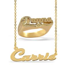 Fall in love with this gleaming and stylish Set of Necklace and Name Ring. You have up to 8 characters to personalize it with the name or nickname of your choice. Necklace With 18 inch Chain. This timeless design makes this a piece you won' want to leave out of your collection. Size: one size.  Color: Gold.  Gender: female.  Age Group: adult. Name Ring, Name Rings, Script Fonts, Script Font, Necklace Gold, Fall In Love, Gender Female, Womens Watches, Timeless Design