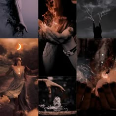 a collage of images with the theme of fire, water and lightning in them