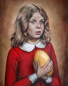 a painting of a girl holding a golden egg