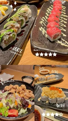 four different views of sushi dishes in various stages of being cooked and served on trays