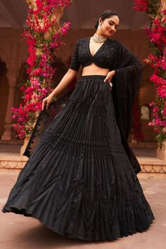 Black attached cancan lehenga with pleated flare. Paired with a padded blouse with all over embroidery in floral tonal pattern using dori, beads and salli work. Comes along with a dupatta. - Aza Fashions Elegant Party Choli With Dori Work, Evening Black Sets With Unstitched Blouse, Black Fitted Sets For Navratri, Fitted Black Sets For Navratri, Black Lehenga For Formal Festivals, Elegant Party Lehenga With Dori Work, Formal Fitted Georgette Lehenga, Formal Black Lehenga For Festivals, Formal Georgette Choli For Navratri