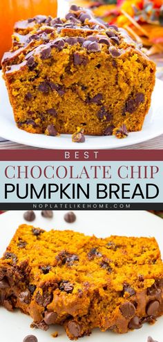 chocolate chip pumpkin bread on a plate with text overlay