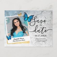 a blue and gold butterfly photo save the date card with an image of a woman