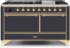 a black and gold stove top oven with two burners on the front, and an oven