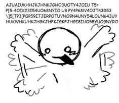 a drawing of a bird with its arms spread out and eyes wide open, in front of