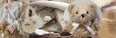 a teddy bear sitting in a basket next to other stuffed animals and purses on display