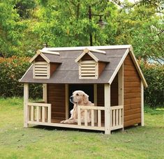 a dog is sitting in a small wooden house on the grass with trees behind it