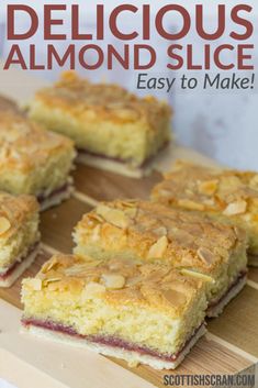 delicious almond slice recipe on a cutting board with text overlay that reads delicious almond slice easy to make