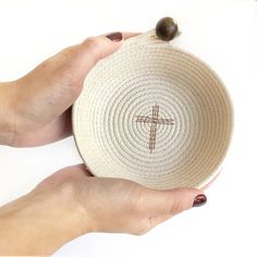 "Prayer Bowl. Great gift for a religious friend. Soft, natural coiled cotton rope bowl with a \"Thread-painted\" Cross in the bottom. Handmade Pottery from the Sewing Machine! The natural rope and simple design gives it a minimalistic feel that looks good anywhere. The soft cotton rope will not scratch surfaces and is warm and soft to the touch. A gentle reminder to pray. Makes a great entryway or bedroom side table catch-all. Corral your keys or other small items at the front entry, bedroom or Prayer Bowl, Bedroom Side Table, Thread Painting, Cross Paintings