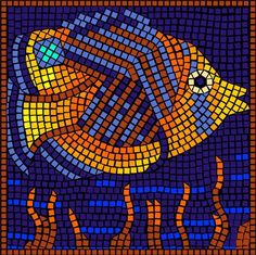 an image of a fish made out of mosaic tiles on a blue and orange background