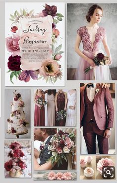 a collage of wedding photos with pink and burgundy flowers