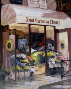 a painting of a store front with flowers outside