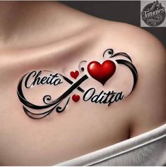 a woman's shoulder tattoo with the word cheetia and hearts on it