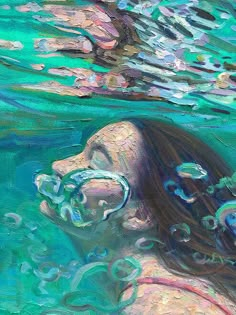 an oil painting of a woman swimming in the ocean with her head under water bubbles