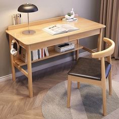 a wooden desk with a lamp on top of it next to a chair and book shelf