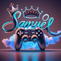 a video game controller with a crown on top and the word samuel written in blue