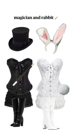 two women dressed up as rabbits and one is wearing a top hat, the other has a bow tie