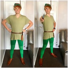 two pictures of a man dressed as peter panto and holding a knife in his hand