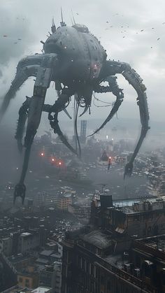 a giant spider crawling over a city in the fog