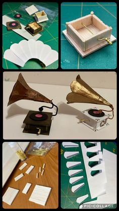 several different types of musical instruments are shown in this collage, including an old record player and other items