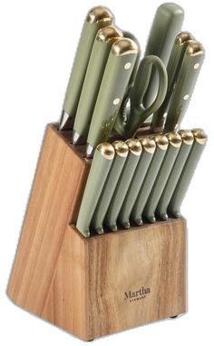 Green Kitchen Utensils, Kitchen Knife Block, Green Kitchen Accessories, Kitchen Cutlery, Kitchen Board, Knife Block Set, Specialty Knives, Stainless Steel Cutlery, Cutlery Sets