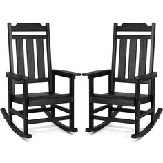 two black rocking chairs sitting next to each other