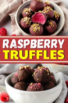 raspberry truffles in a white bowl on a table